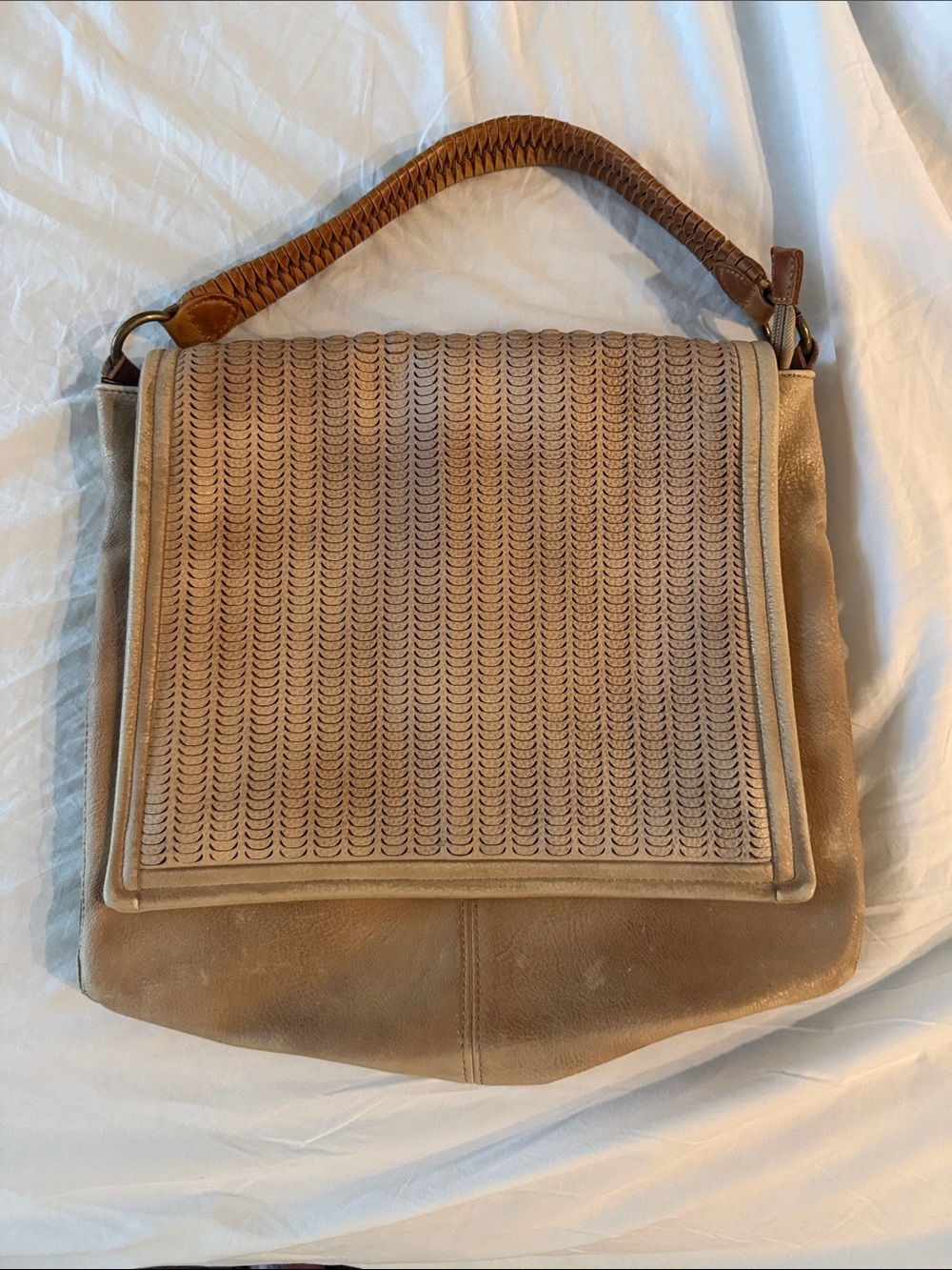 Free People Tan Woven Leather Shoulder Bag EUC